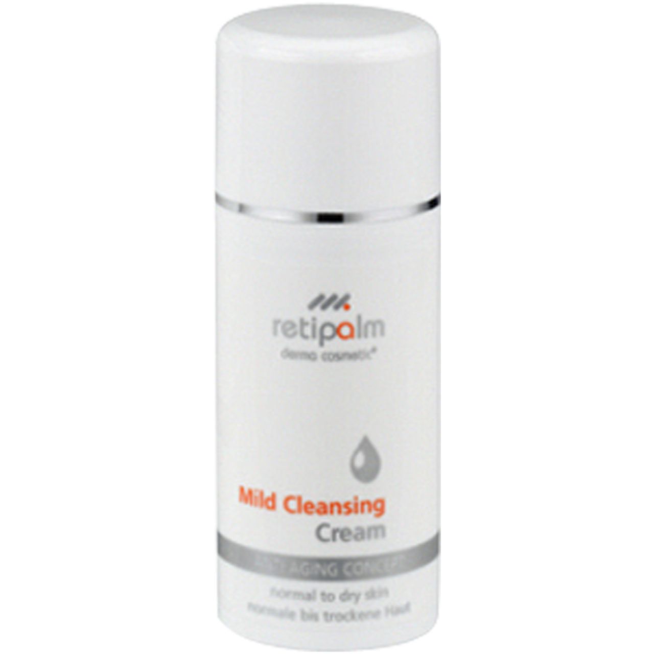 Weiße Flasche mit silbernem Ring und Deckel. Aufschrift: retipalm, Mild Cleansing Cream. Für normale bis trockene Haut.