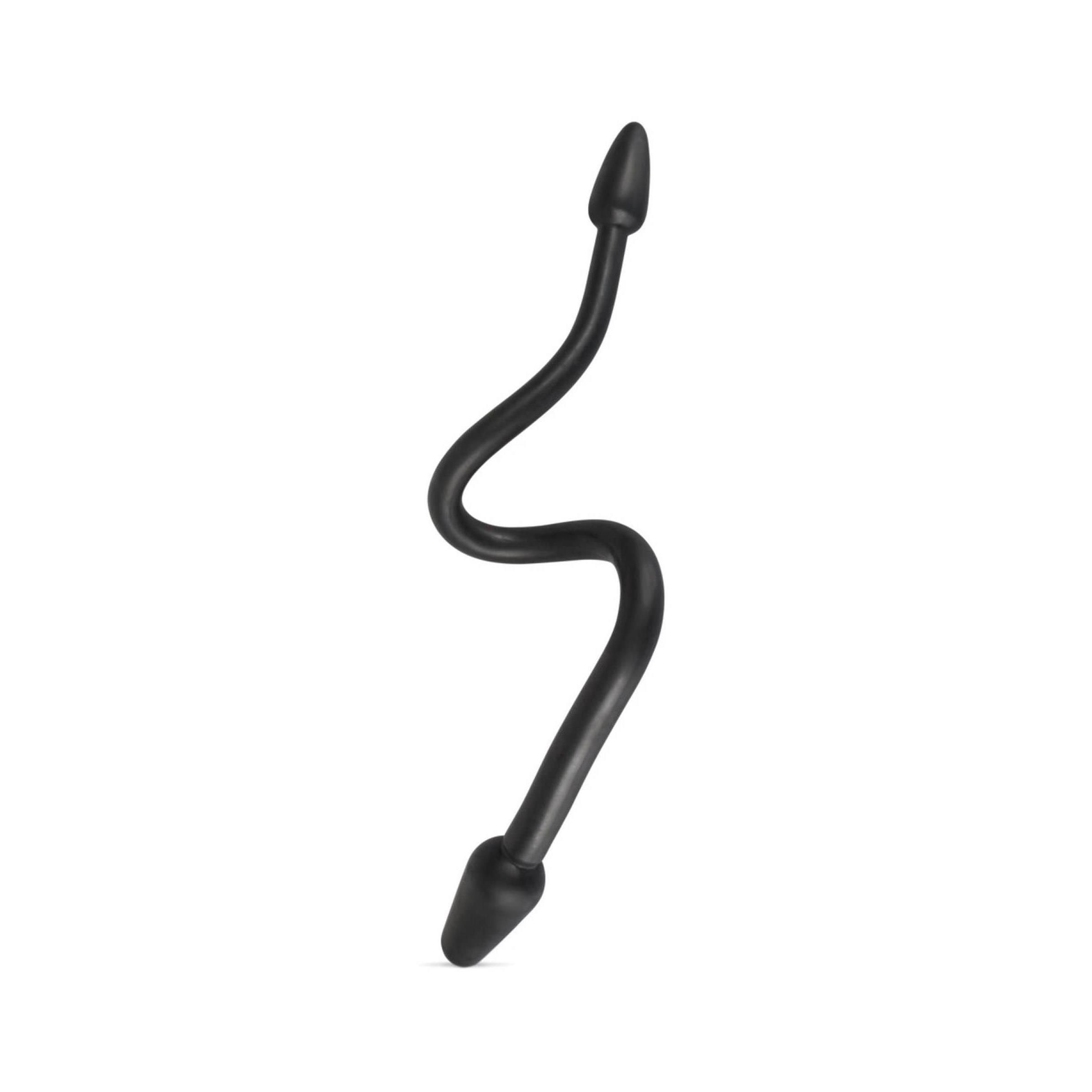 Schwarzer Dildo mit zwei konischen Enden, verbunden durch einen geschwungenen Schaft.