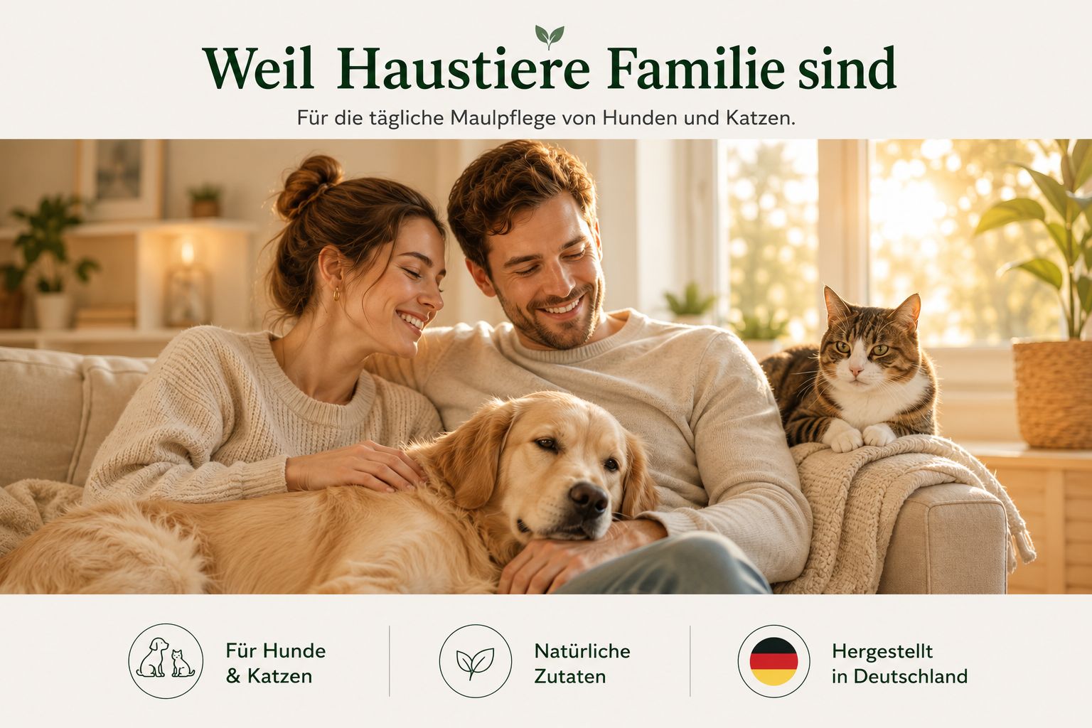 Familie mit Hund und Katze auf Sofa. Icons für Hunde & Katzen, natürliche Zutaten, hergestellt in Deutschland.