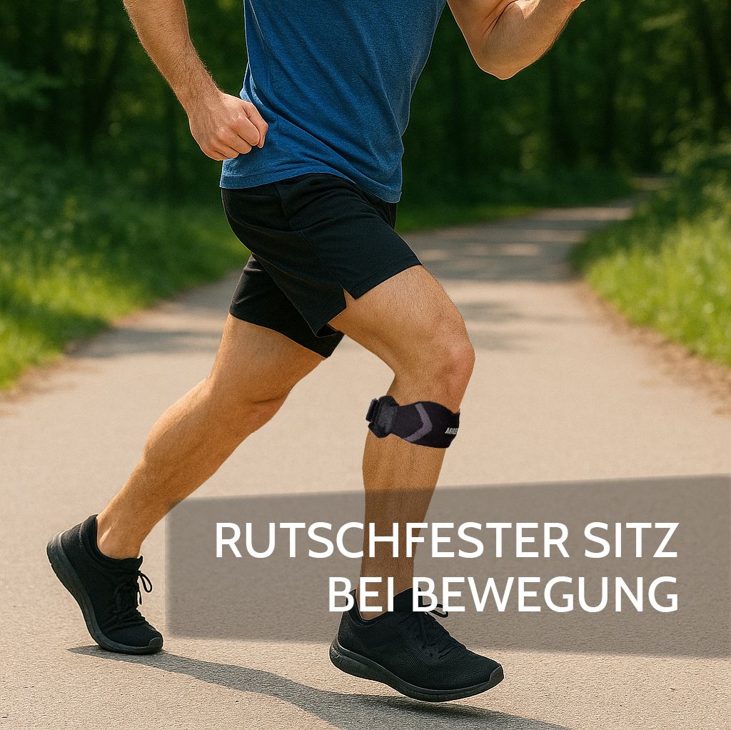 Mann beim Laufen mit Kniebandage. Text: "RUTSCHFESTER SITZ BEI BEWEGUNG".