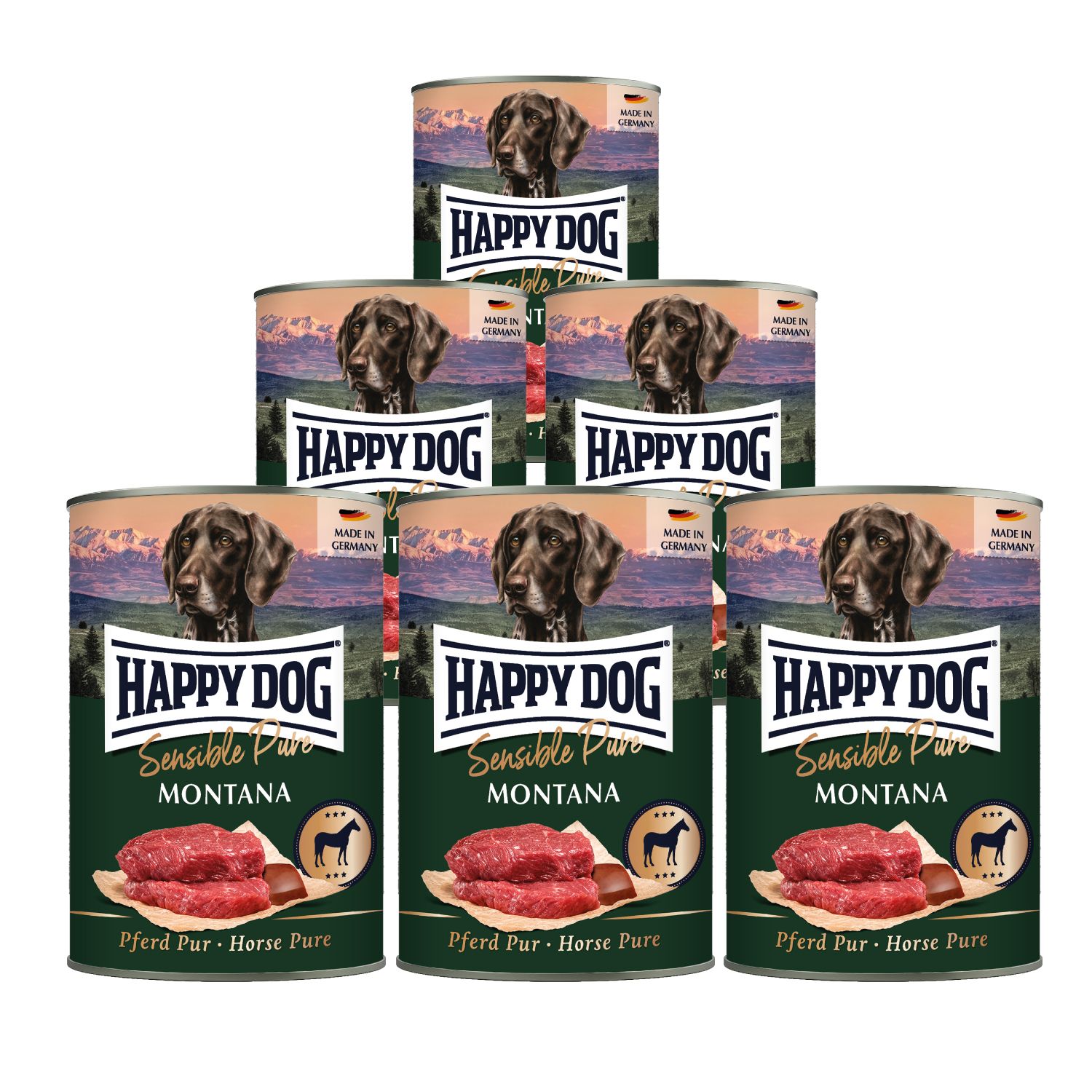 Dosenfutter Happy Dog Sensible Pure Montana. Sechs Dosen, eine obenauf. Aufschrift: Pferd Pur, Montana, Sensible Pure.