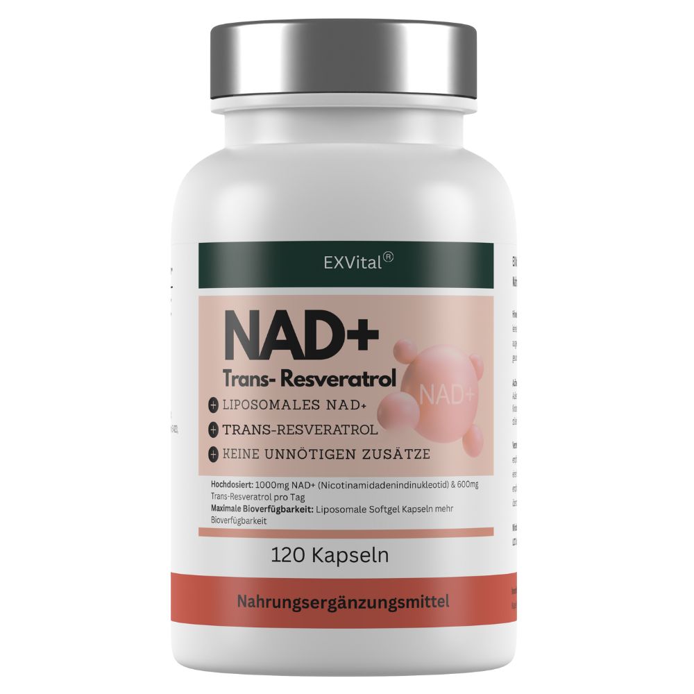 Produkt: Flasche mit 120 Kapseln. Text: NAD+ Trans-Resveratrol, liposomales NAD+, keine unnötigen Zusätze. EXVital Logo.