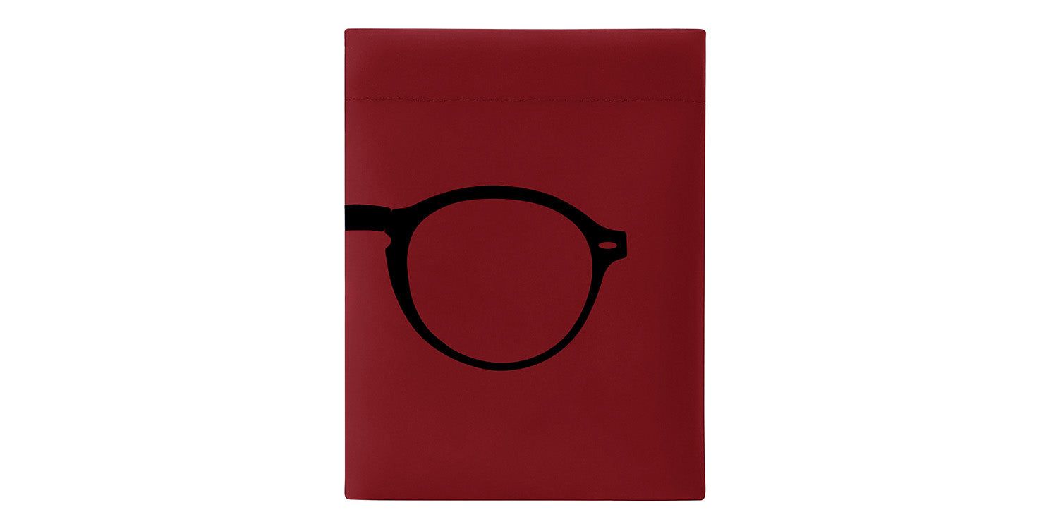 Rotes Etui mit schwarzer Brillen-Silhouette. Rechteckige Form. Brillenform mit runden Gläsern.