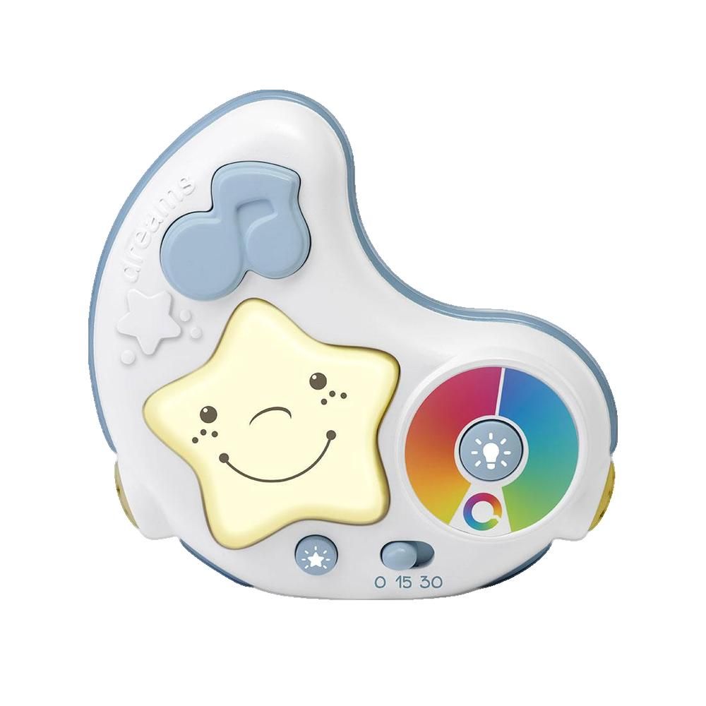 Blau-weißes Nachtlicht mit Stern- und Noten-Design. Mit Farbprojektor und Timer. Knöpfe und Schalter.