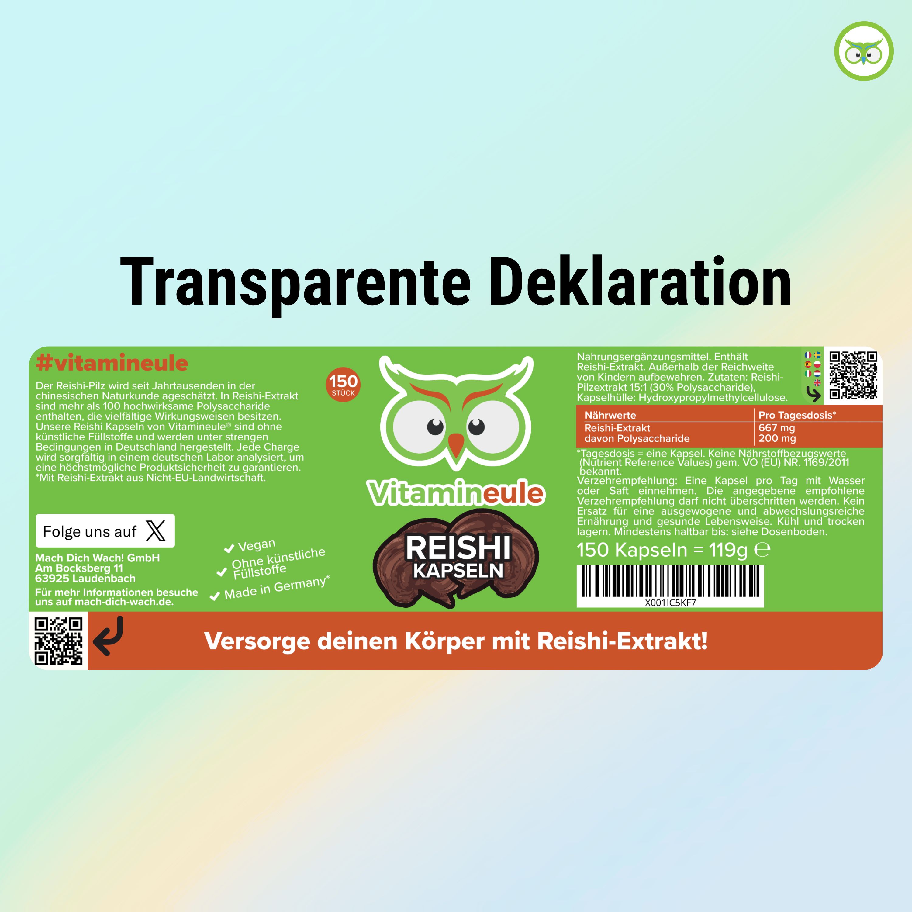 Etikett einer Reishi Kapseln Packung. Aufschrift: Vitamineule, Reishi Kapseln. Enthält Informationen zu Inhaltsstoffen, Nährwerten und Herkunft.