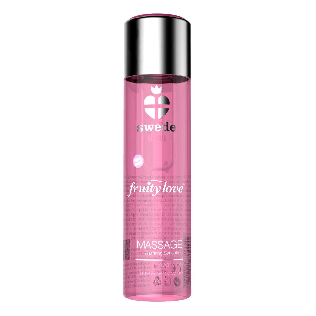 Rosa Massage-Lotion-Flasche mit silbernem Deckel. Beschriftung: Swede, Fruity Love, Massage.