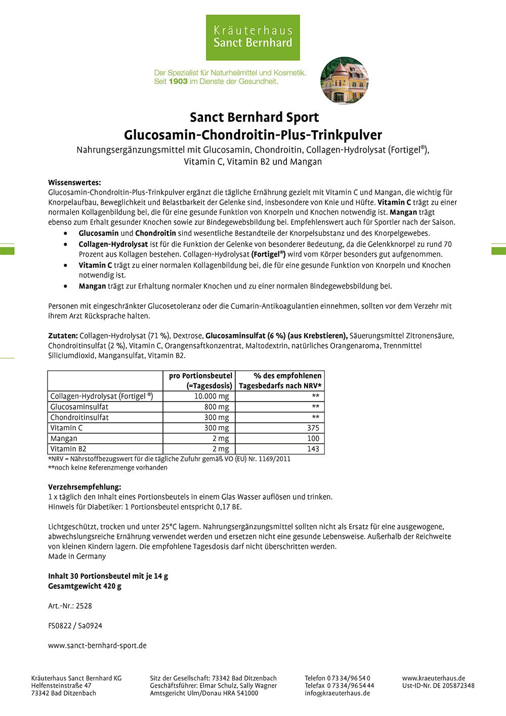 Sanct Bernhard Sport Glucosamin-Chondroitin-Plus-Trinkpulver