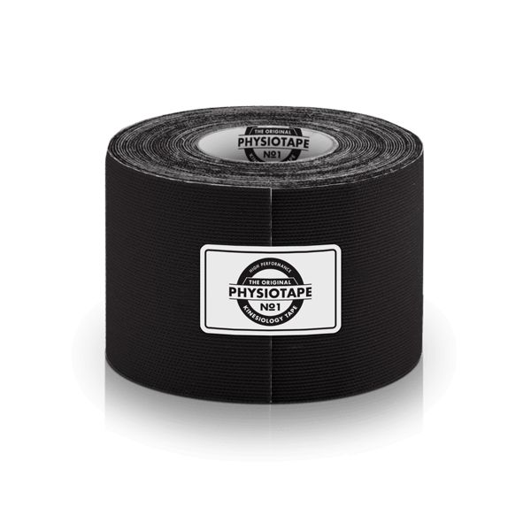 Schwarzes PhysioTape No.1, Kinesiotape, aufgerollt. Weißes Etikett mit schwarzer Schrift. Produktname deutlich sichtbar.
