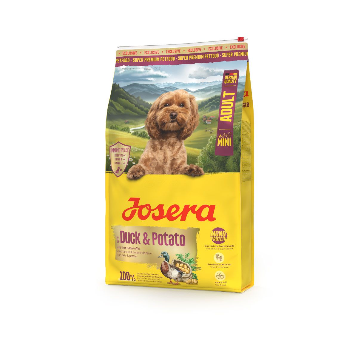 Josera Mini Ente & Kartoffel 10kg Hundefutter-Sack mit Hundebild und Landschaft.