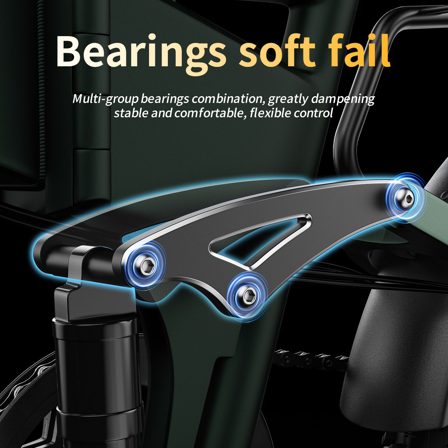 Nahaufnahme von Lagern an einem grünen Elektrofahrrad. Text: "Bearings soft fail".