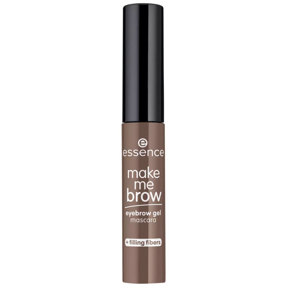 Augenbrauengel-Mascara. Braune Tube mit schwarzem Deckel. Aufschrift: make me brow, eyebrow gel mascara, + filling fibers.