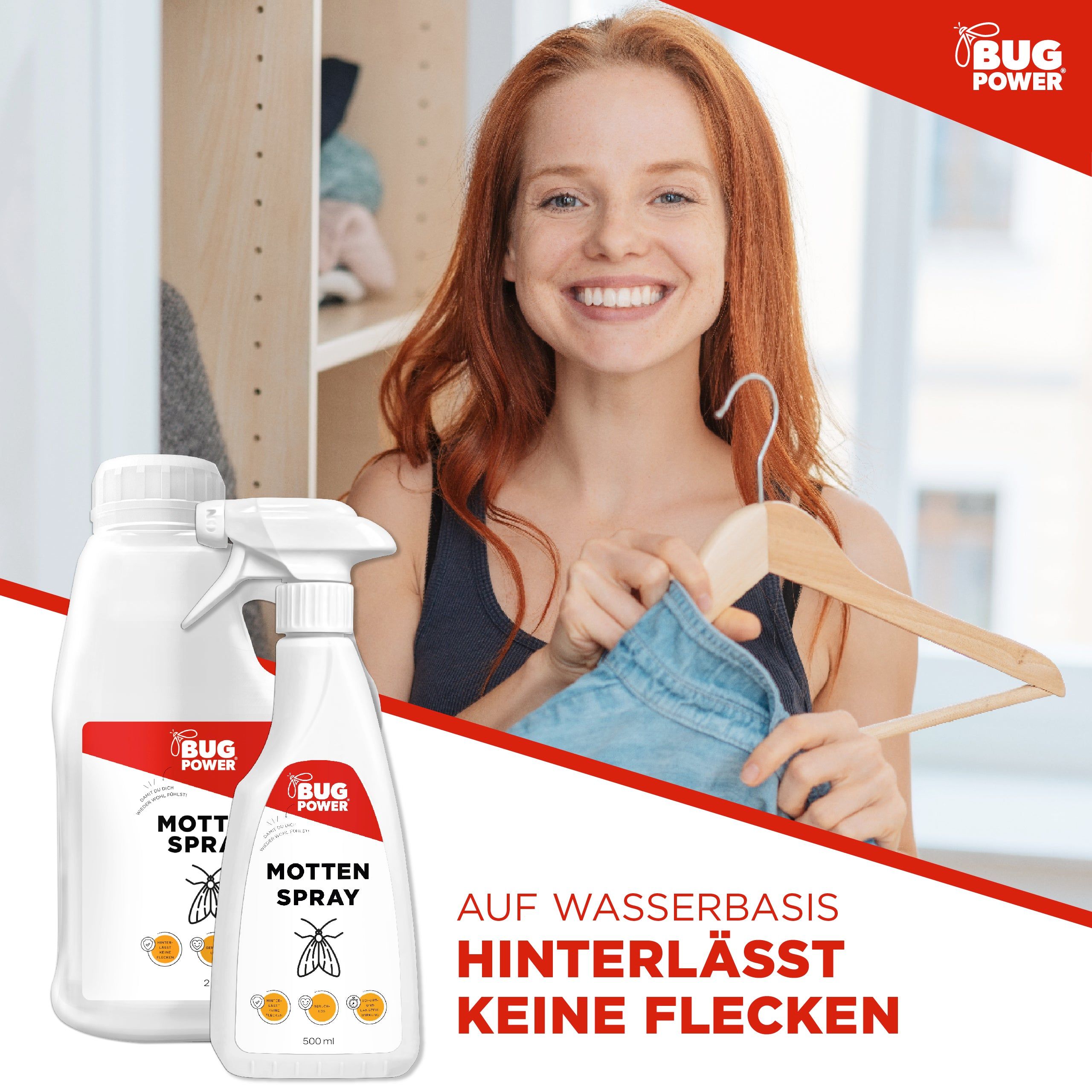 Zwei weiße Flaschen mit rotem Etikett. Auf dem Etikett steht "BUG POWER MOTTEN SPRAY". Eine Flasche hat einen Sprühkopf, die andere einen Schraubverschluss. Frau mit Kleidung.