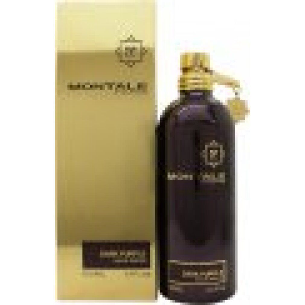 Goldene Verpackung und dunkelviolette Flasche. Aufschrift MONTALE PARIS und DARK PURPLE. 3 Fl.oz. Verpackung daneben.
