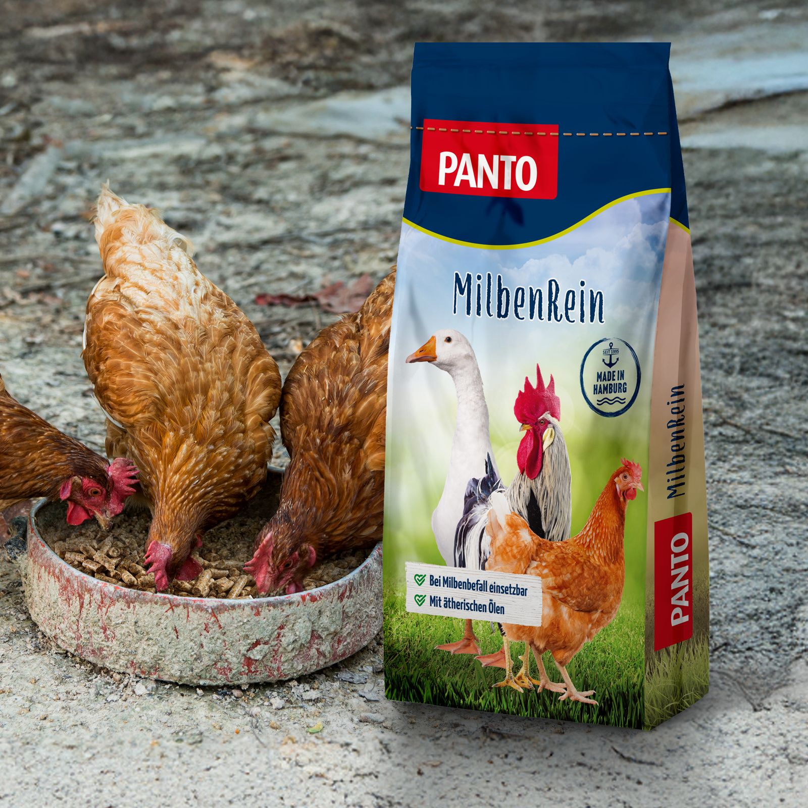 Geflügel frisst aus einer Schüssel neben einer Verpackung von PANTO MilbenRein. Text: MilbenRein, Made in Hamburg.