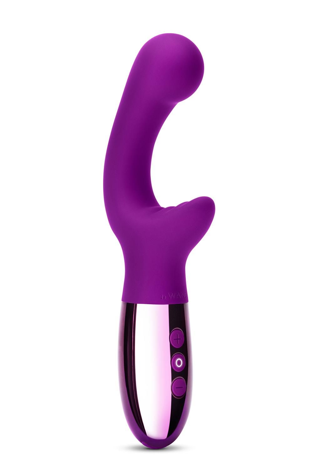 Lila Vibrator mit gebogener Form, silberfarbenem Sockel und drei Knöpfen. Oberteil mit abgerundeter Spitze.
