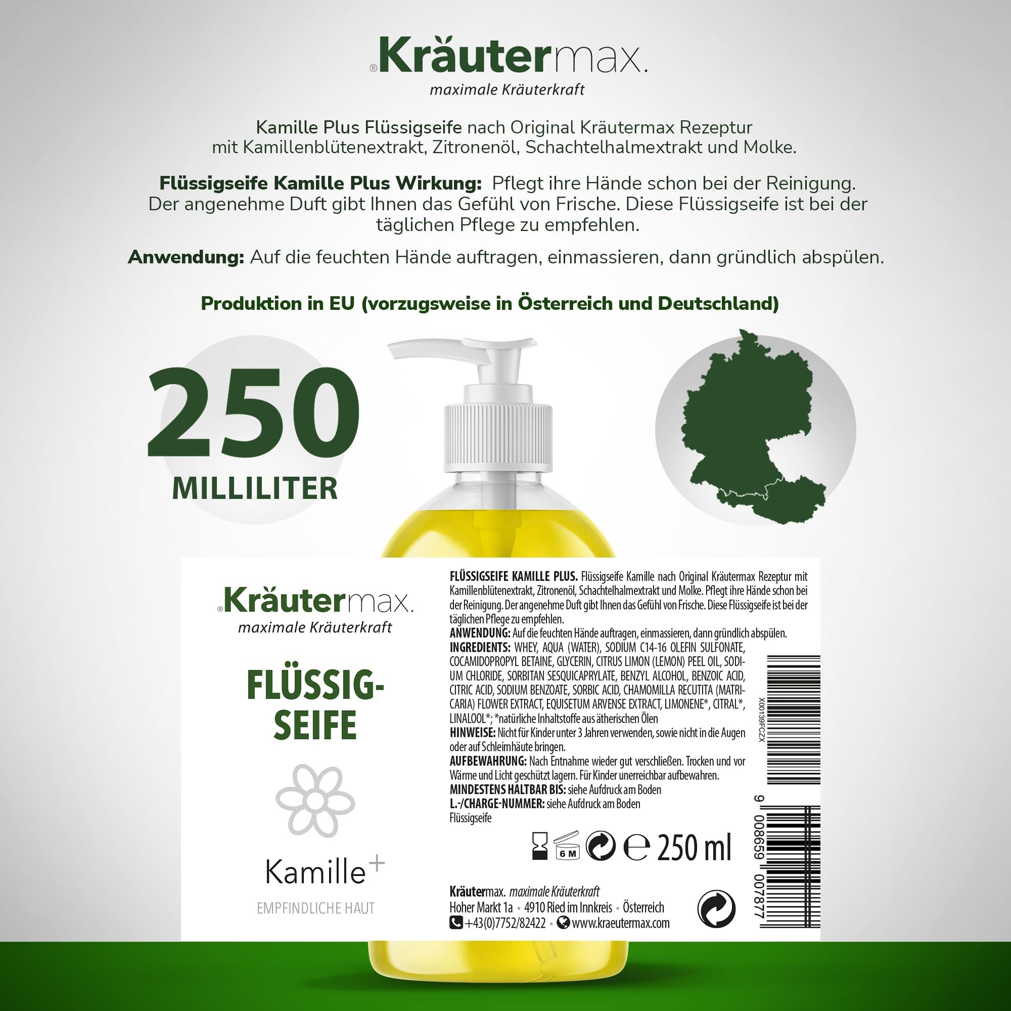 Rückseite der Flüssigseife Kamille+ mit Inhaltsstoffen, Anwendungshinweisen und Produktionsinformationen in Deutsch.