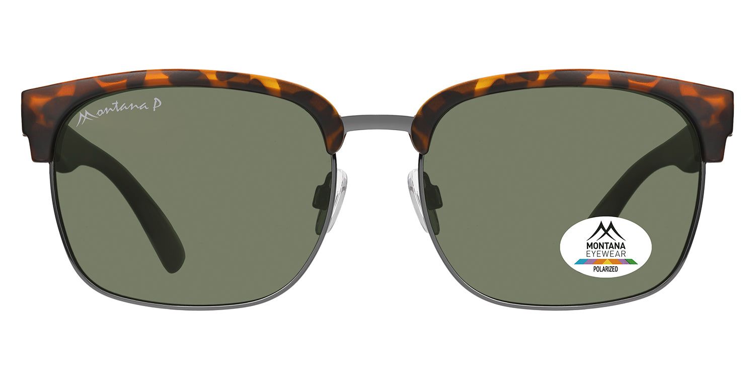 Sonnenbrille mit braunem Rahmen und grünen Gläsern. Logo und Aufkleber mit Markennamen. Metallbügel.