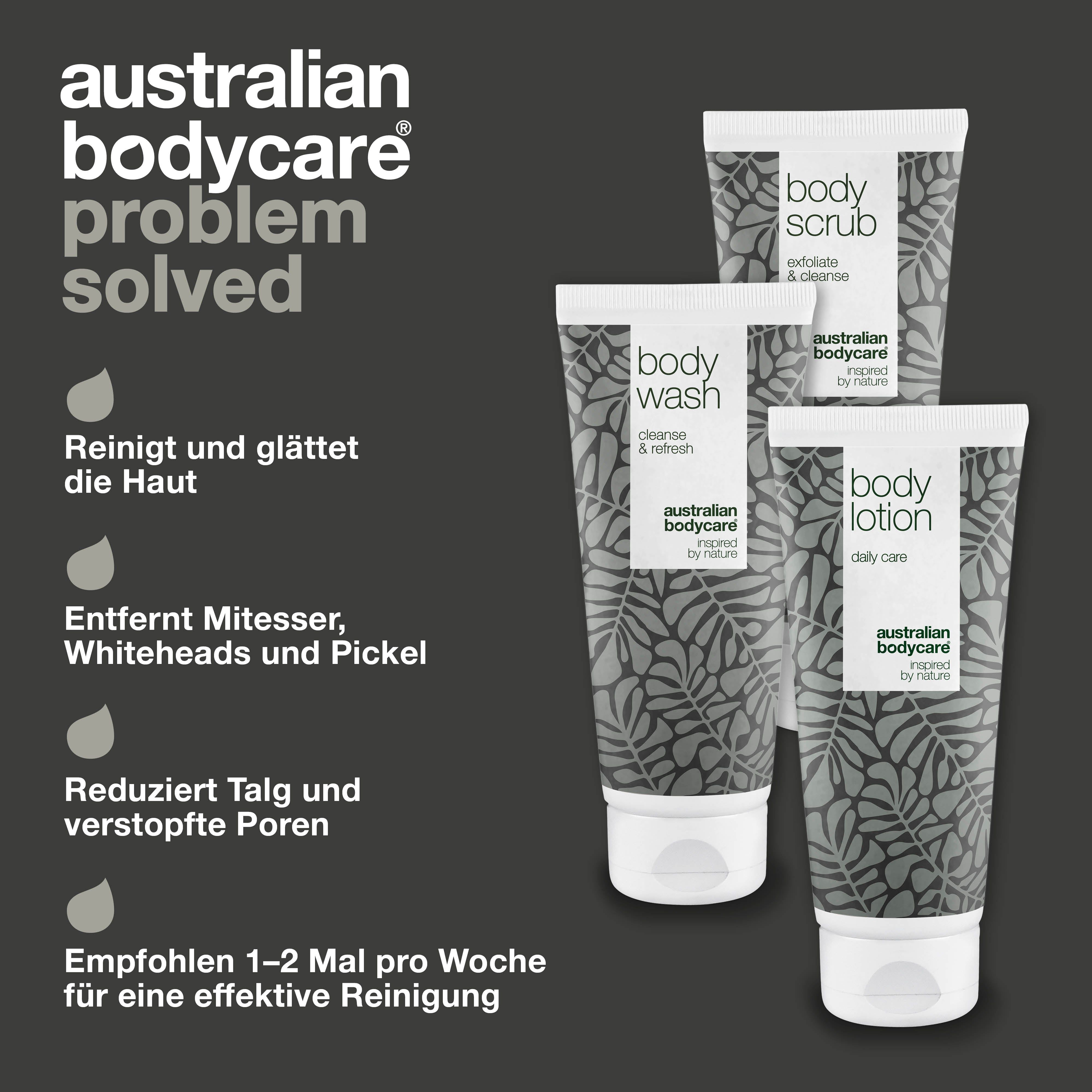 Drei Tuben Körperpflegeprodukte. Aufschrift: Body Wash, Body Scrub, Body Lotion. Marke: Australian Bodycare. Text: Problem gelöst.