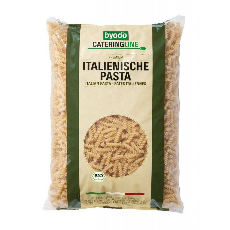 Beutel mit Spiralnudeln. Aufschrift: Italienische Pasta. Bio-Siegel. Marke: byodo.