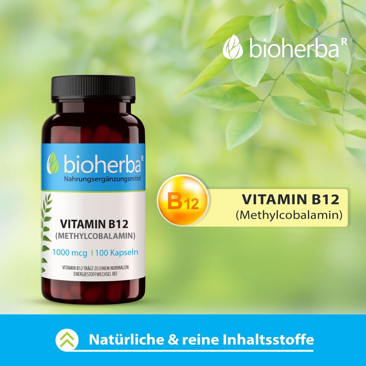Braune Flasche mit schwarzen Deckel. Enthält Vitamin B12 (Methylcobalamin). 100 Kapseln. Marke: bioherba.
