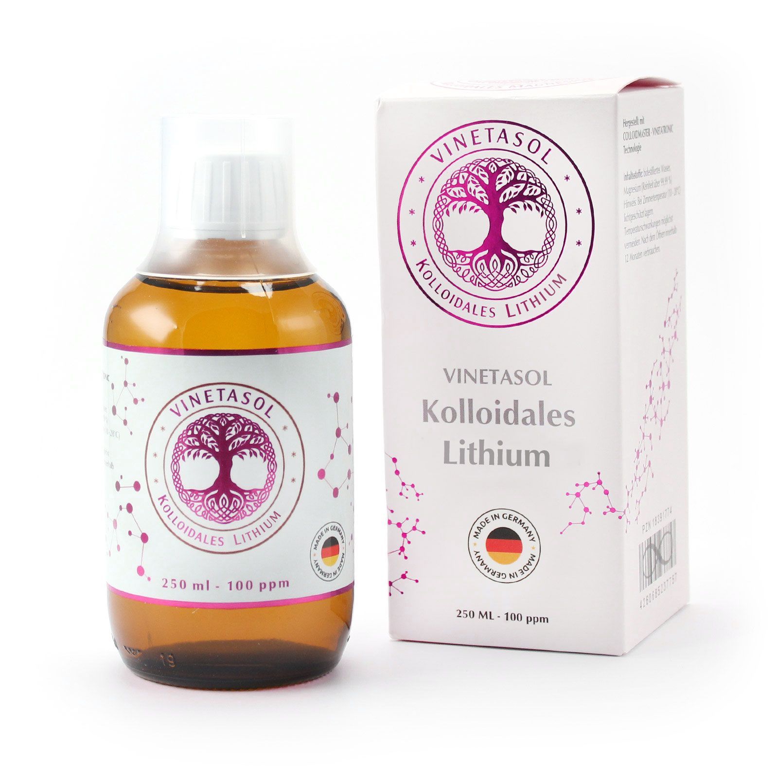 Flacone marrone e scatola con stampa del prodotto. Scritta: VINETASOL Litio Colloidale. Prodotto in Germania.