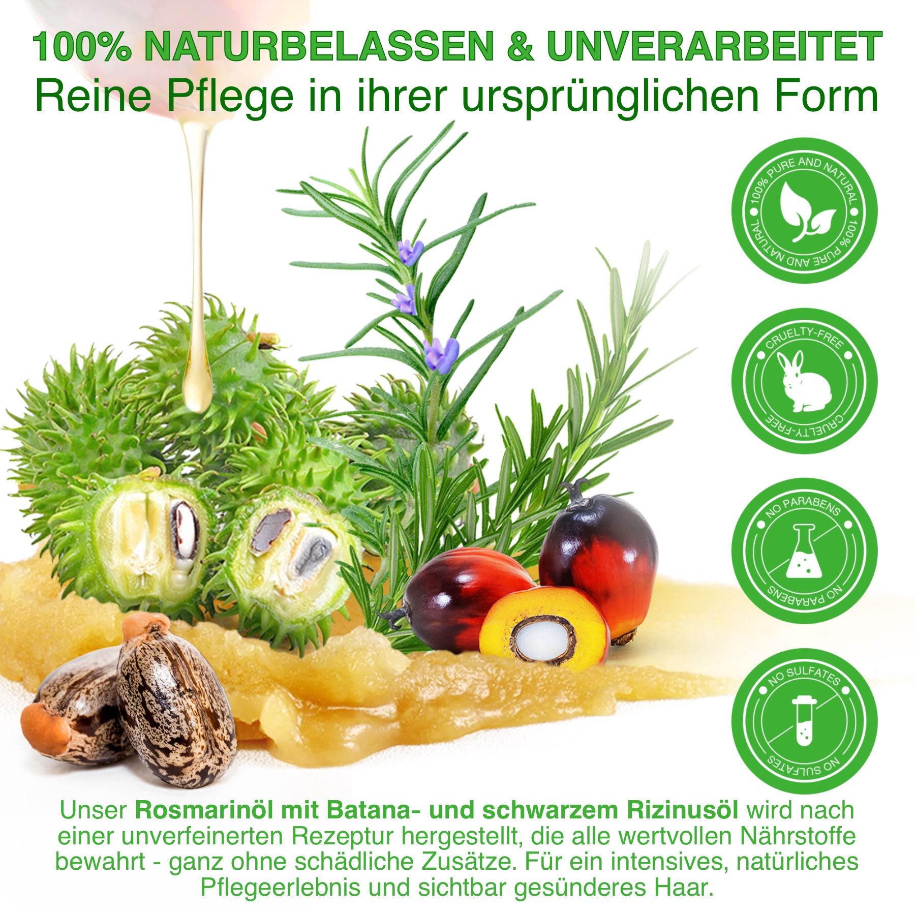 Natürliche Inhaltsstoffe: Rosmarin, Rizinus, Batana-Öl. Logos: 100% natürlich, tierversuchsfrei, ohne Parabene, ohne Sulfate.