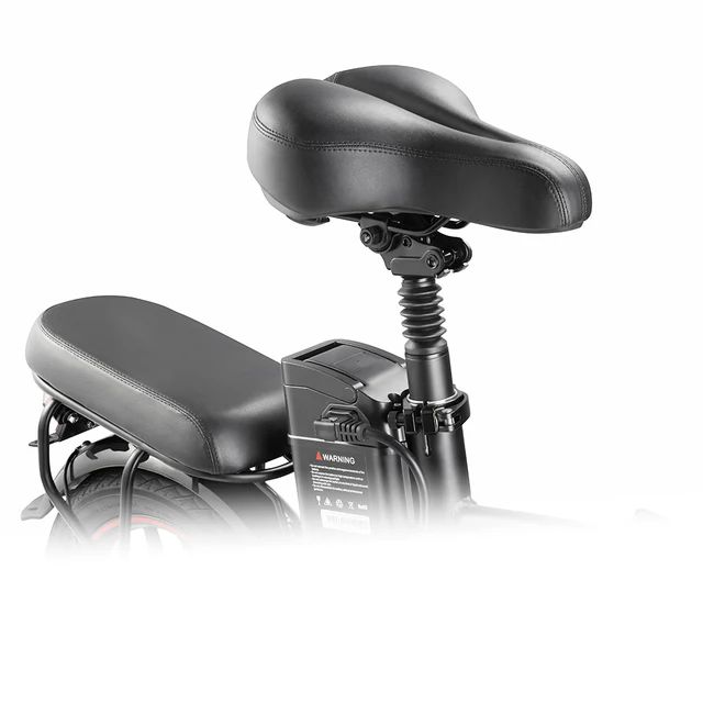 Nahaufnahme des Sattels und der Batterie eines schwarzen E-Bikes. Federung unter dem Sattel.