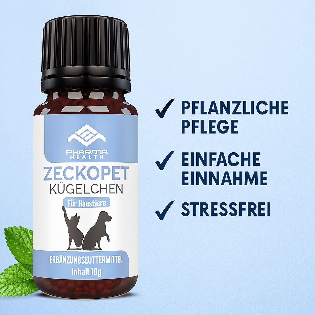 Braune Glasflasche mit schwarzem Deckel. Aufkleber mit Logo, Text: Zeckopet Kügelchen, Für Haustiere. Zusätzlicher Text: Pflanzliche Pflege, Einfache Einnahme, Stressfrei.