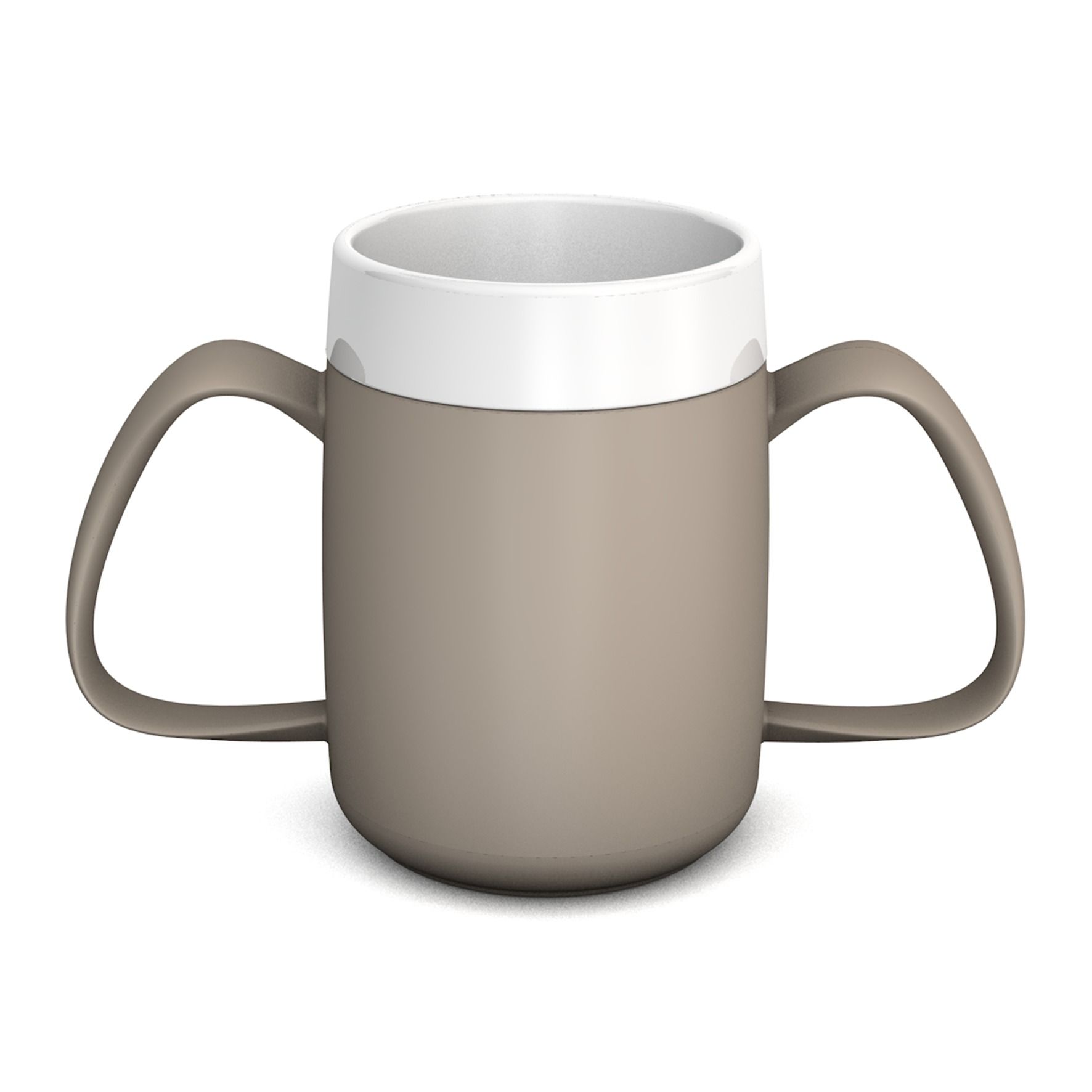 Becher mit zwei Griffen, beige und weiß. Zylindrische Form, zwei Griffe. Oberer Rand weiß.