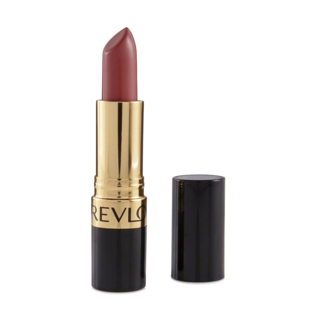 Lippenstift mit geöffneter Kappe. Schwarzer Stift mit goldfarbenem Mittelteil. Revlon-Logo.