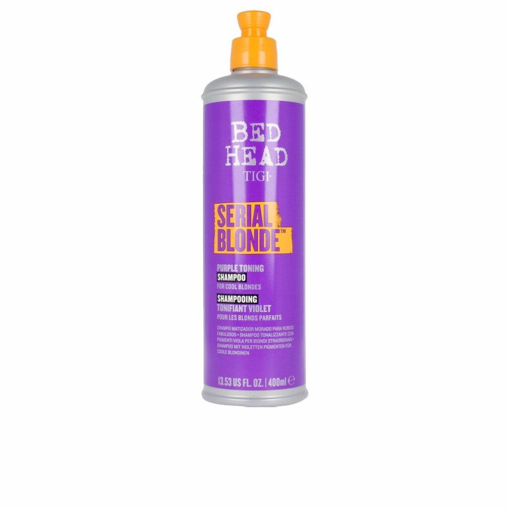 Violettes Shampoo von Bed Head Tigi. Flasche mit gelbem Deckel. Aufschrift: Serial Blonde, Purple Toning Shampoo.