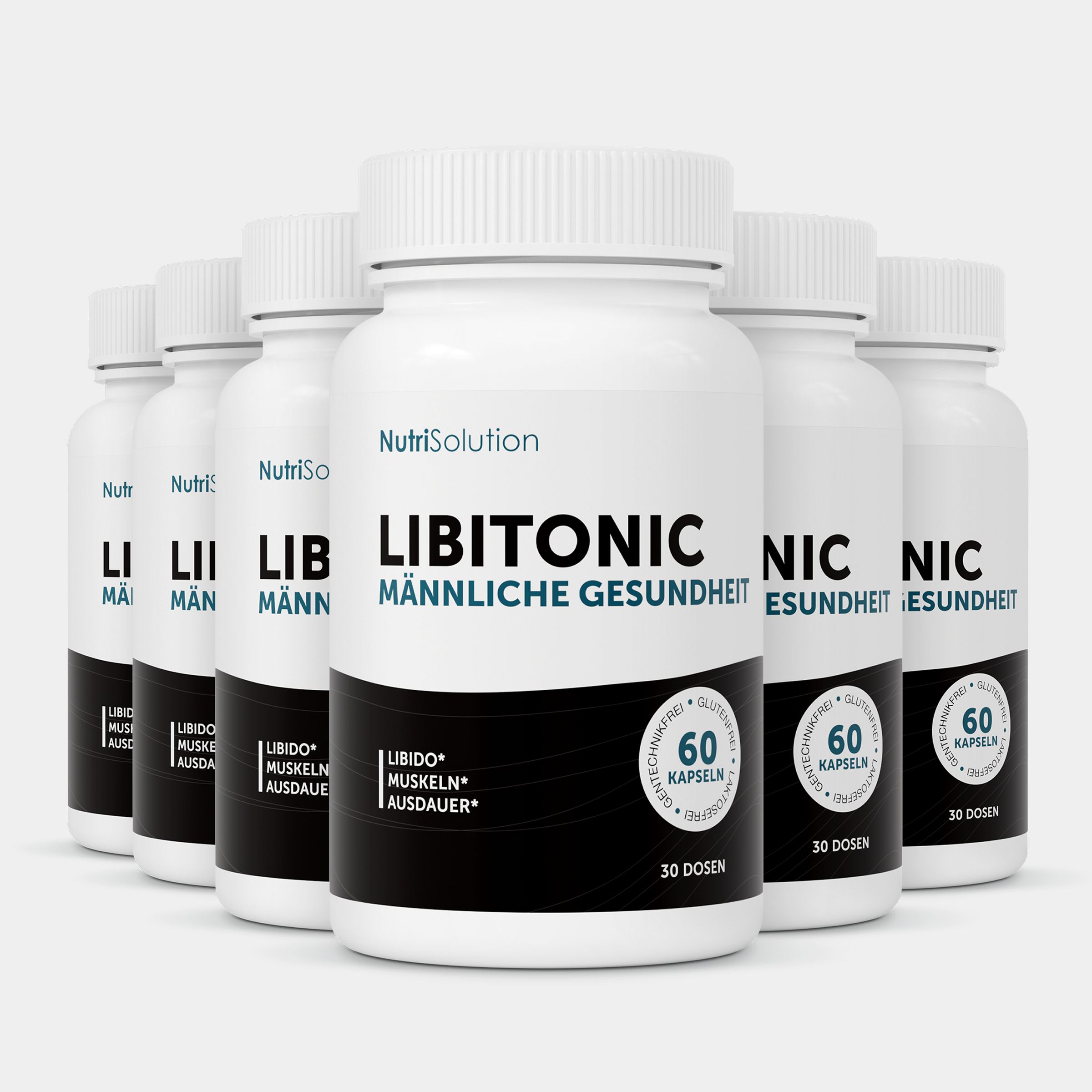 Sechs Flaschen NutriSolution LibiTonic für männliche Gesundheit, jede mit 60 Kapseln.