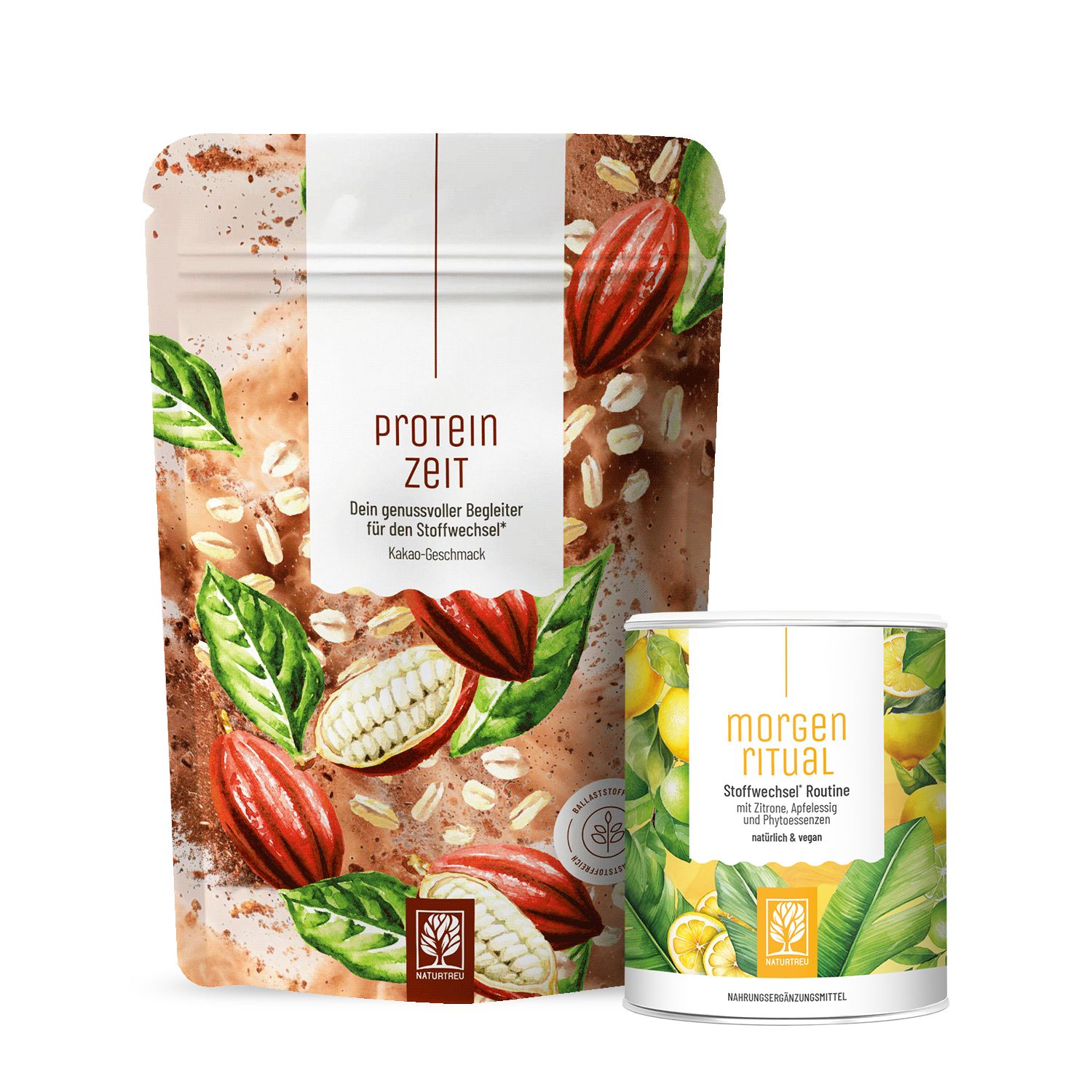 Beutel und Dose. Aufschrift: Protein Zeit, Kakaogeschmack. Dose: Morgen Ritual, Stoffwechsel Routine. Beide mit Illustrationen von Kakaobohnen und Zitronen.