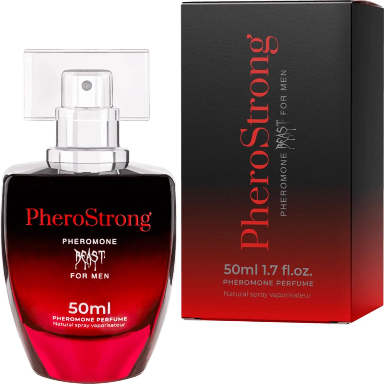 Parfümflakon und Schachtel. Schwarzes Glas, roter Farbverlauf. Aufschrift PheroStrong, Beast for Men. 50ml.