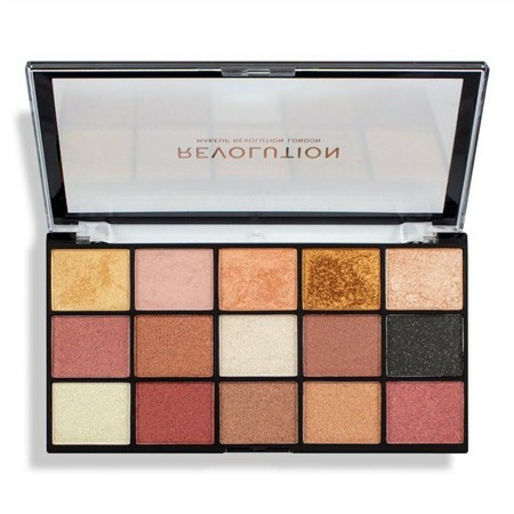 Lidschatten-Palette mit 15 Farbtönen. Schwarzer Rahmen, transparente Abdeckung mit Markenlogo. Verschiedene Farben: Gold, Rosa, Braun.