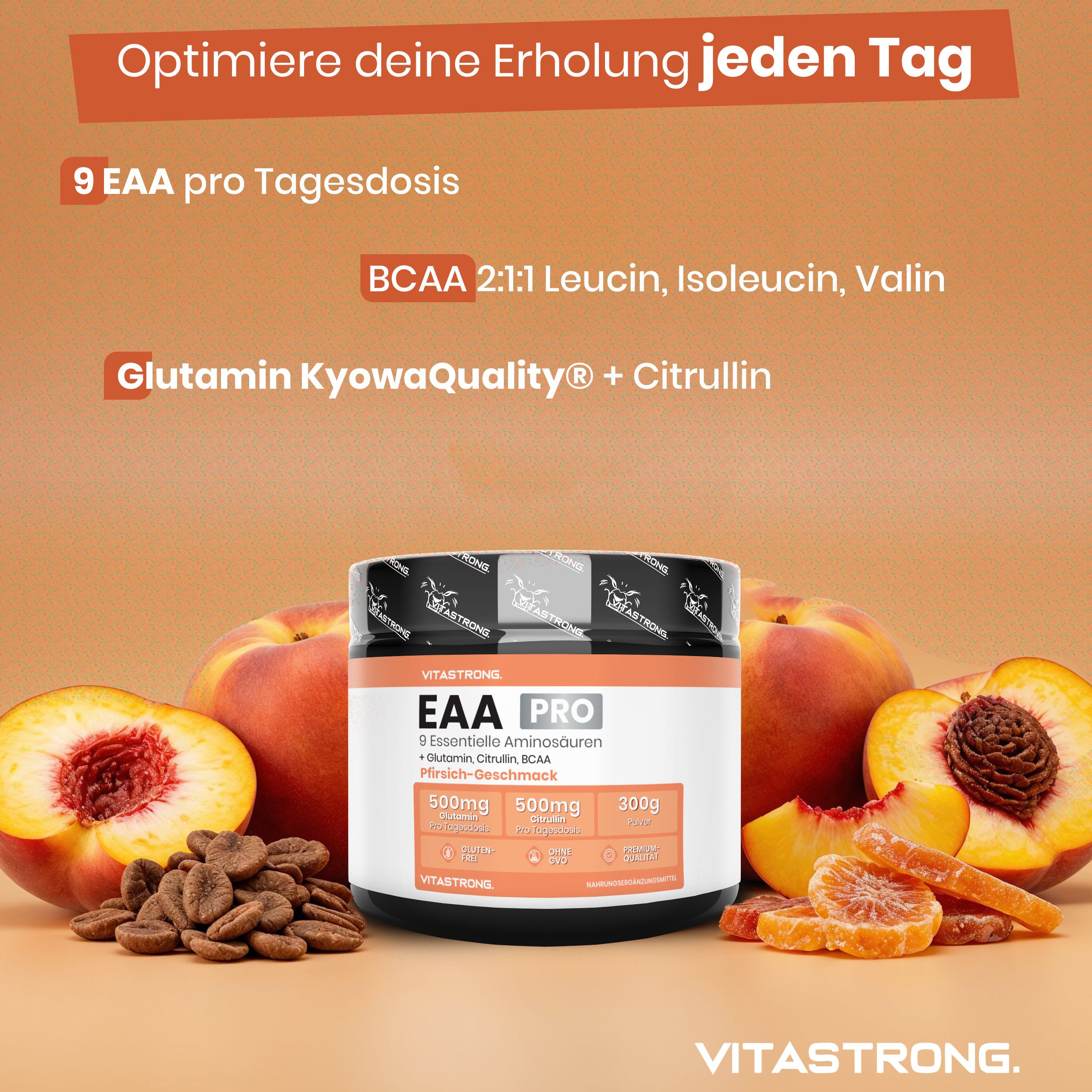 Vitastrong EAA Pro Dose, Pfirsich. 300g. 9 essentielle Aminosäuren. Pfirsiche und Kaffeebohnen. Text: EAA PRO.