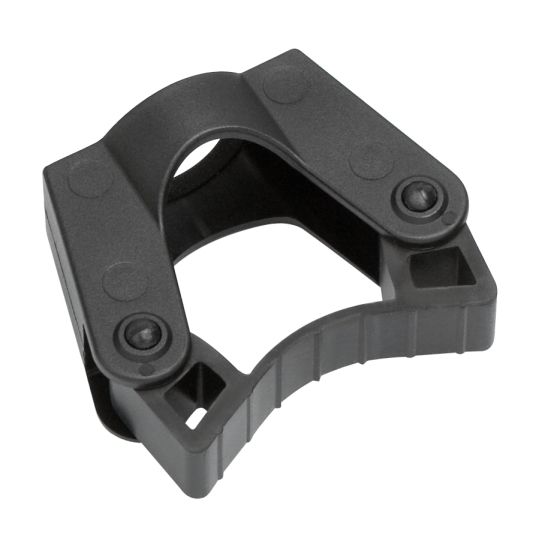 Schwarze Stockhalterung. Kunststoff. Klappbar. Für Rollator oder Rollstuhl.