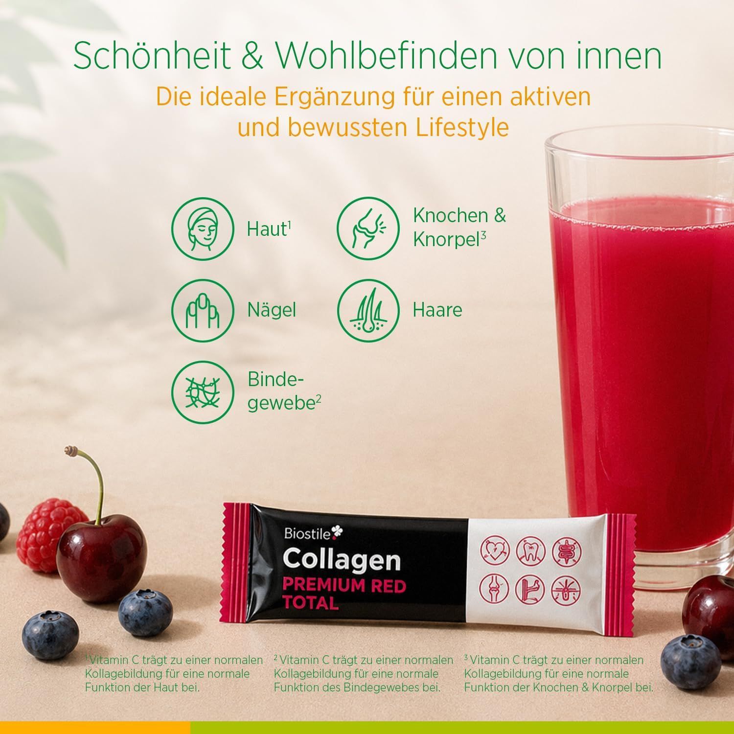 Biostile Collagen Beutel, Glas Getränk, Beeren. Vorteile für Haut, Knochen, Nägel, Haare.