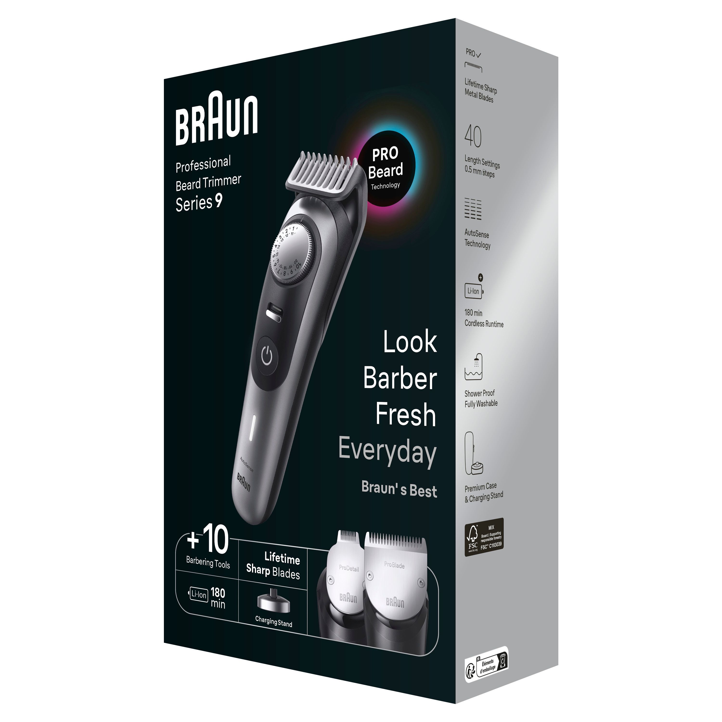 Verpackung der Braun Barttrimmer Serie 9. Text: +10 Barbers Tools, Lifetime Sharp Blades, 180 min.