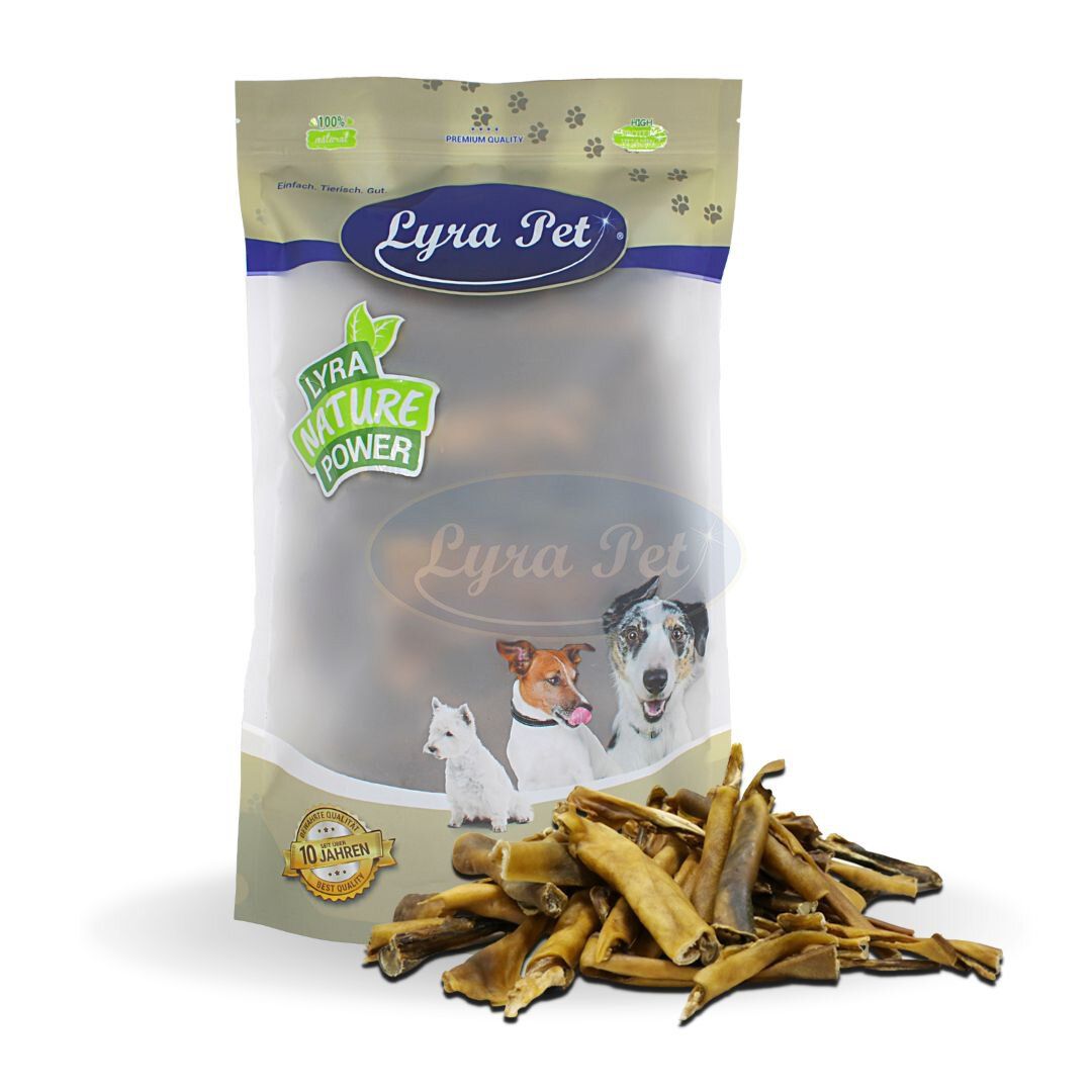 Lyra Pet® Pferdekopfhaut in Beutel. Produktname und Logo sichtbar. Hunde auf Verpackung. Braune, längliche Stücke.