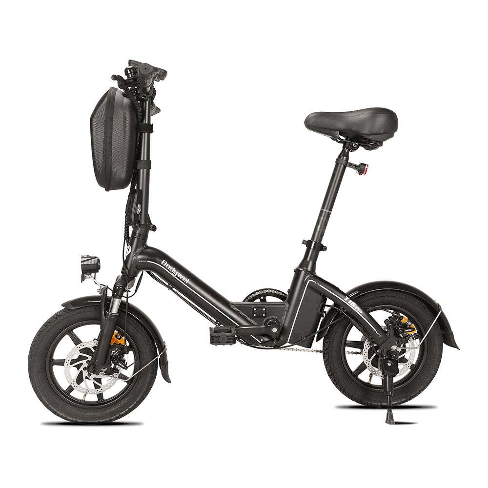 Schwarzes E-Bike mit Sattel, Rädern, Scheinwerfer und Gepäckträger. Marke Bodywel.