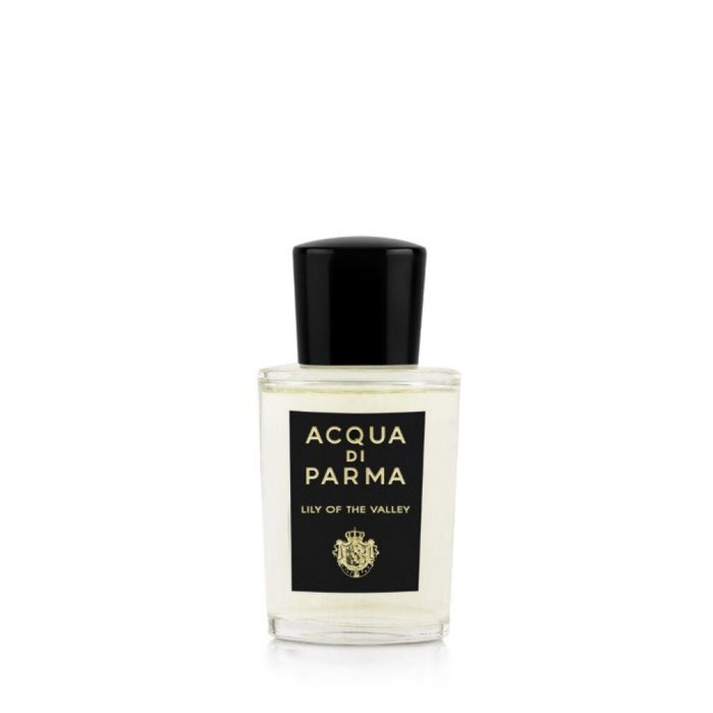 Parfümflakon mit schwarzem Deckel. Aufschrift: Acqua Di Parma, Lily Of The Valley. Schwarzes Etikett mit goldenem Wappen.