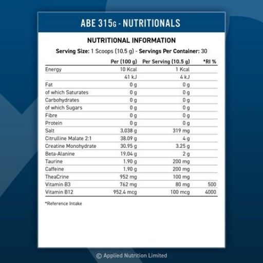 Nährwertangaben für ABE 315g. Enthält Informationen zu Energie, Fett, Kohlenhydraten, Proteinen, Salz, Vitaminen und Mineralien.