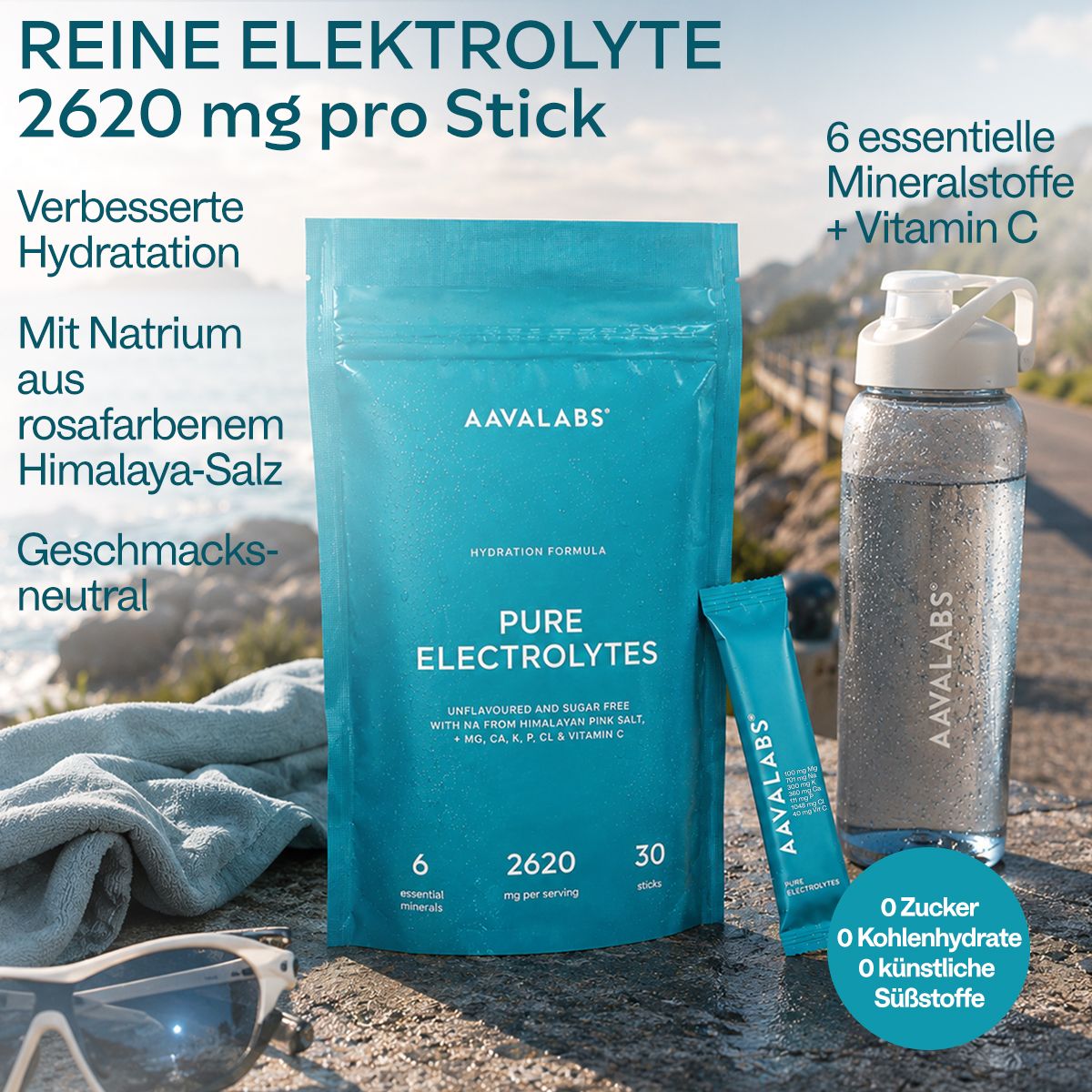 AAVALABS Elektrolyt Pulver Beutel und Flasche am Wasser.