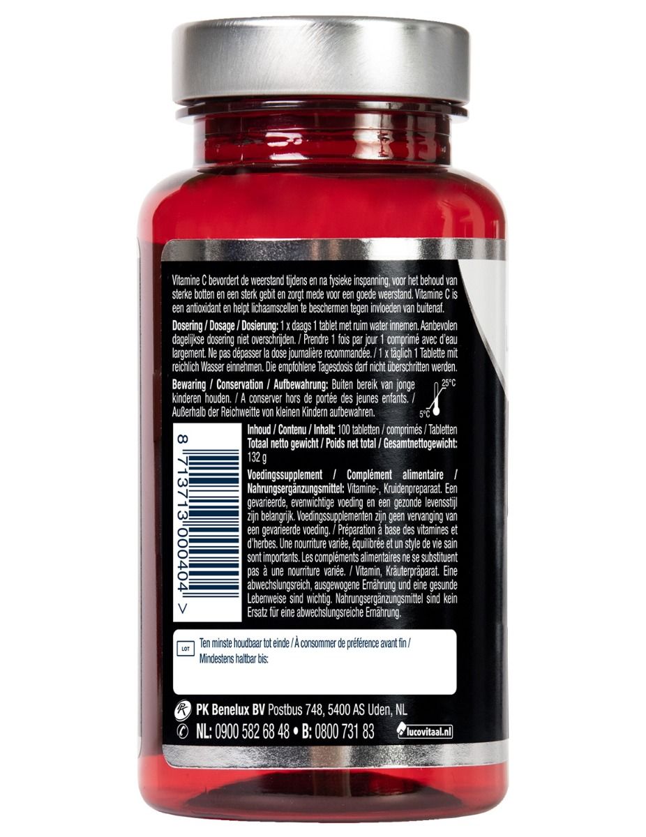 Rückseite einer roten Flasche mit Text in Deutsch, Französisch und Niederländisch. Enthält Informationen zu Inhaltsstoffen und Dosierung.