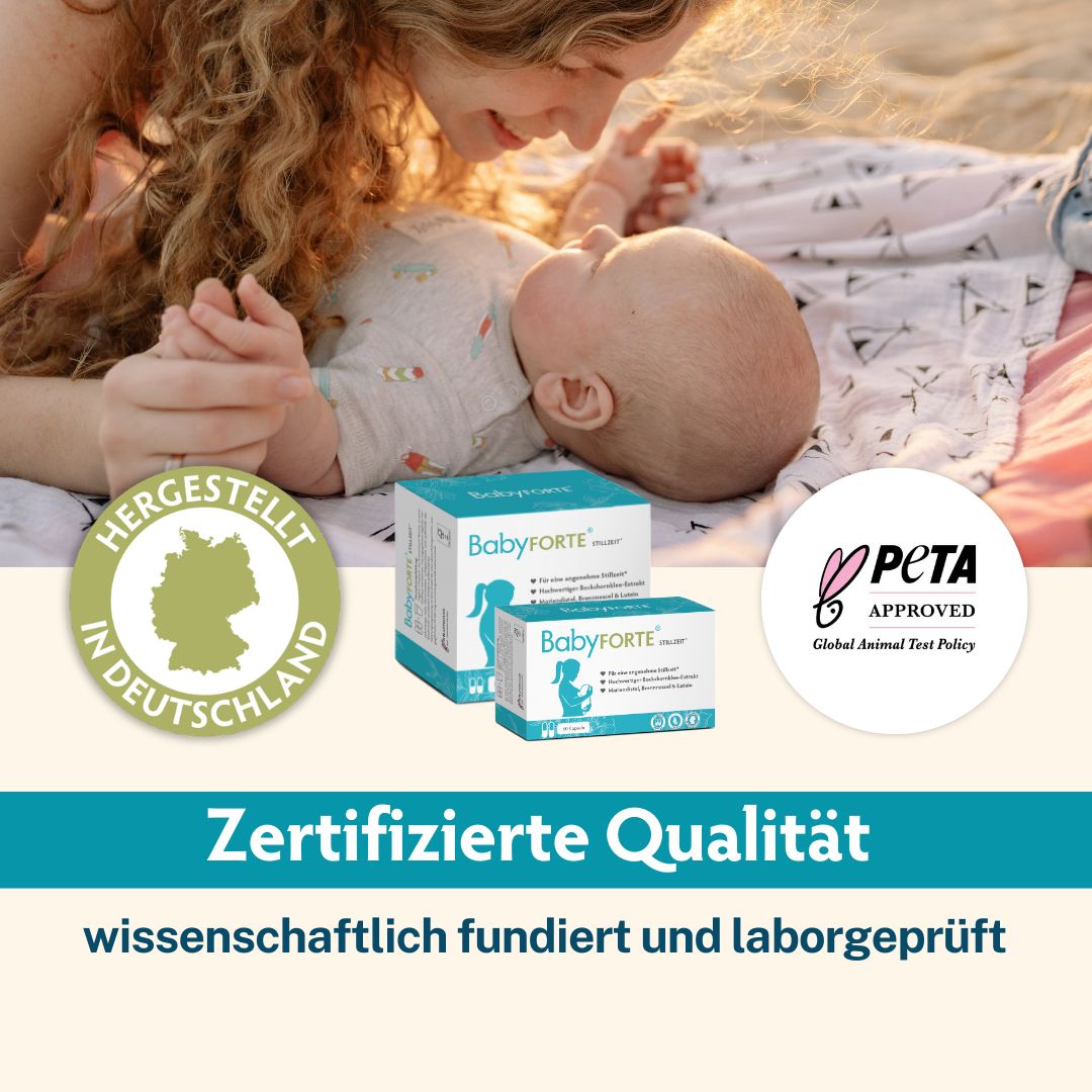 Zwei Produktverpackungen. Aufschrift: BabyFORTE. Logo: PETA-Approved. Siegel: Hergestellt in Deutschland. Text: Zertifizierte Qualität, wissenschaftlich fundiert.