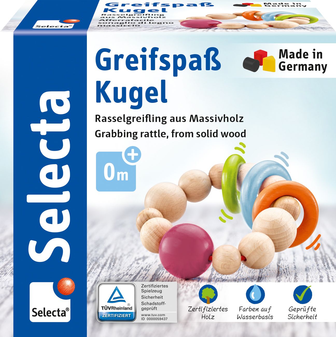 Verpackung des Greiflings. Produktname: Greifspaß Kugel. Zertifizierungen: TÜV, Holz, Farben auf Wasserbasis, Geprüfte Sicherheit.