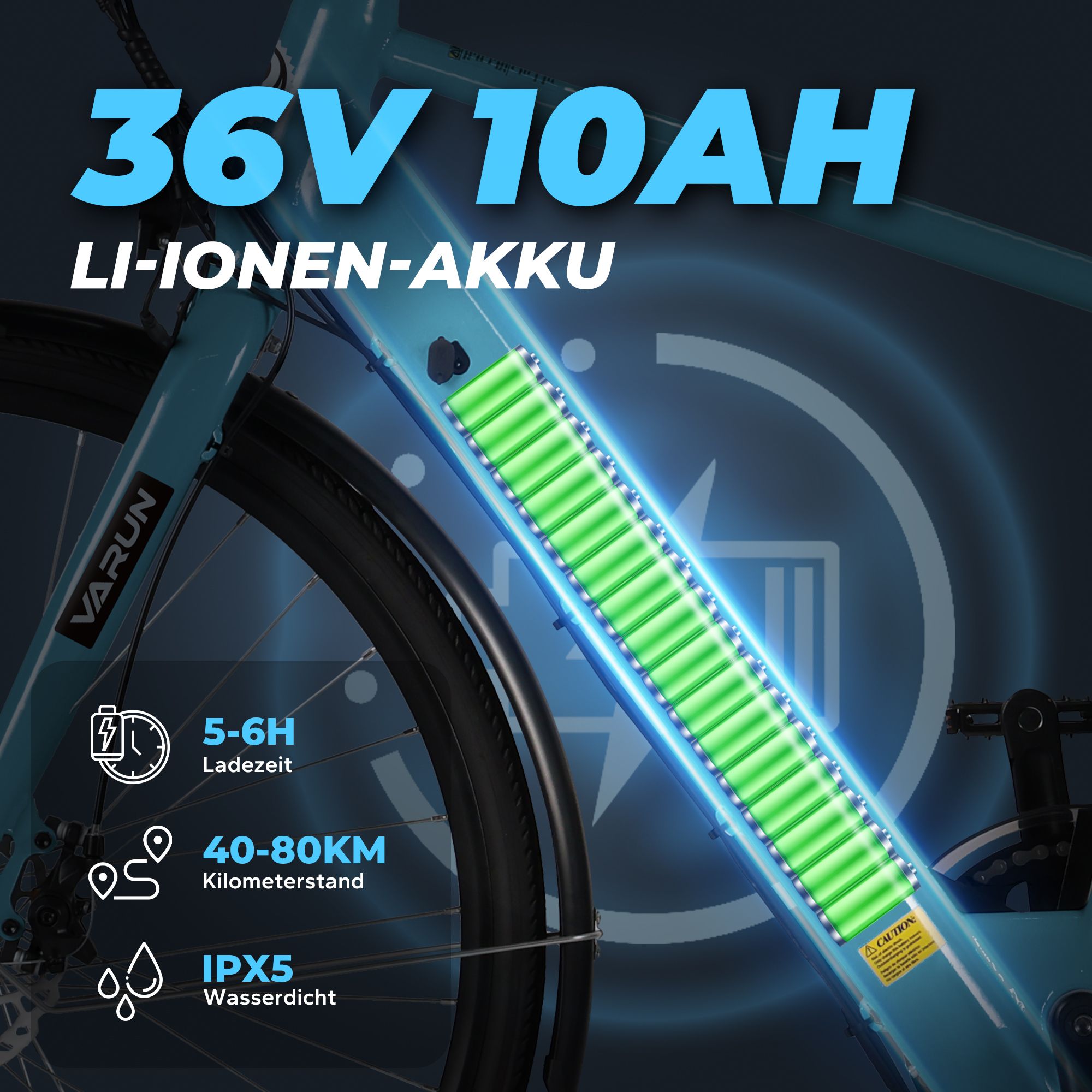 E-Bike-Akku 36V 10Ah. Ladezeit 5-6 Stunden, Reichweite 40-80 km, wasserdicht IPX5.