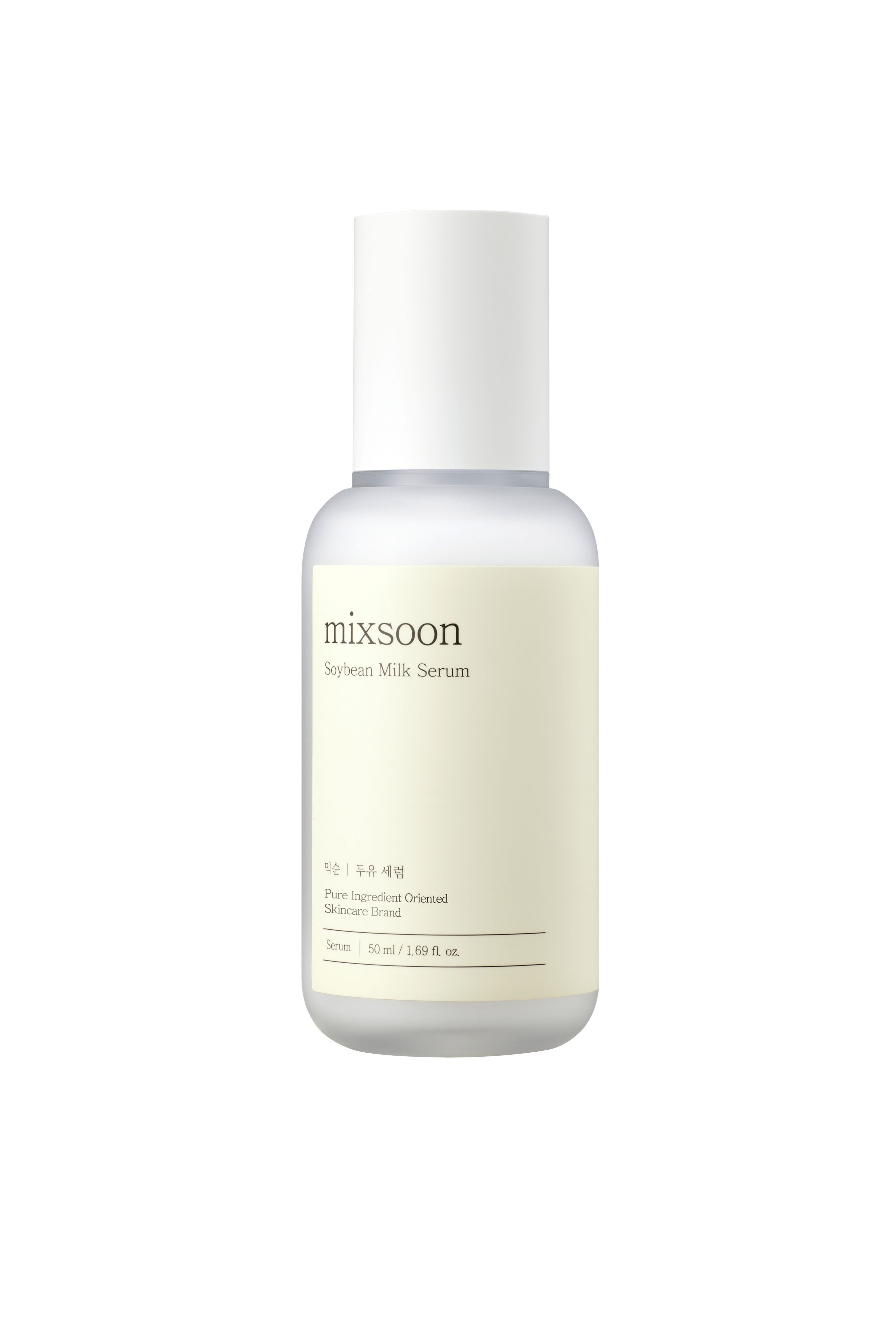 Serumflasche mit weißem Deckel. Aufschrift: mixsoon Soybean Milk Serum. Beige Etikett mit Text.