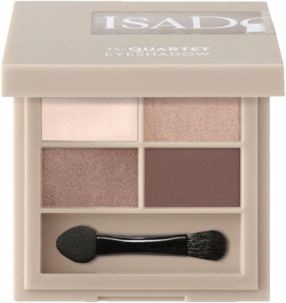 Lidschatten-Quartett IsaDora, geöffnet. Vier Farben, zwei Applikatoren. Beige Verpackung. Text: The Quartet Eyeshadow.